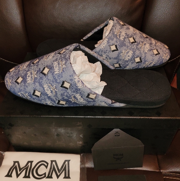 MCM Womens Vintage Blue Monogram Slides - Picture 8 of 16